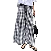 myzgx Women's High Waist Plaid Print Cropped Pant Gingham Wide Leg Palazzo Culotte Pants with Drawstring