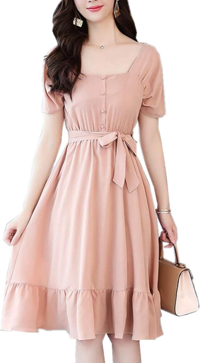 Sanku レディース ドレス シフォン スカラップ 半袖 膝丈 プリンセス ワンピース ナチュラル フォーマル きれいめ 春夏 Aライン おしゃれ 可愛 学生 森ガール カジュアル チュニック ゆったり ワンピース チュニック 通販 Amazon