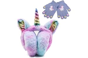 CHUANGLI Winter Unicorn Earmuffs & Glove Set, Cute Cartoon Foldable Earmuff Rainbow Ear Warmers for Girls/Women's Gift