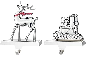 LIKAJON Reindeer and Sleigh Christmas Stocking Holders for Mantle Set of 2, Silver Anti-Slip Deer and Sleigh Christmas Stocking Hangers, Metal Stocking Holder for Christmas Fireplace Mantel Decoration