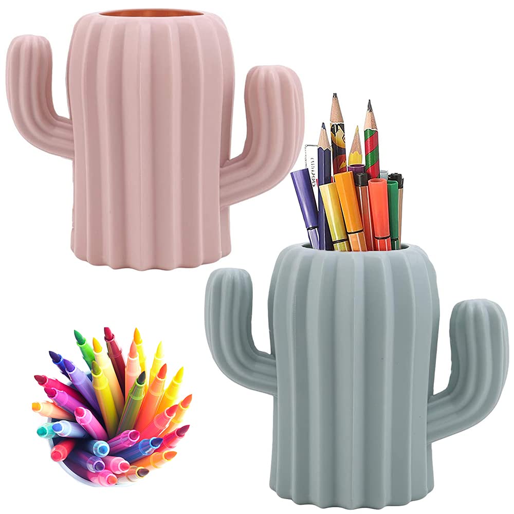 2 Pieces Pen Pencil Pot Holder, Stationery Storage Pen Container, Makeup Brush Holder, Creative Funny Cactus Shape Desk Pen Holder Stand for Desk, Office Supplies, Vanity Table (Pink, Green)