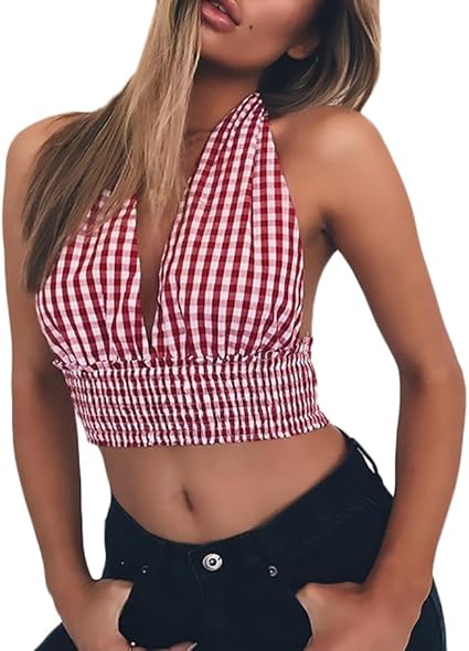 Blusas De Mujer Elegantes Sin Mangas Atado Al Cuello V Cuello Crop Tops Ropa Dama Moda Fashionista Vintage Hippie A Cuadros Verano Chalecos Blusa Top: Amazon.es: Ropa y accesorios