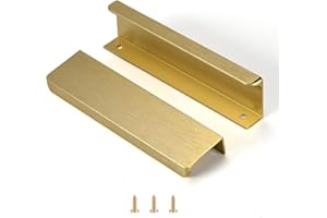 Satanga Edge Finger Tab Pull for cabinets Kitchen Concealed Drawer pulls Aluminum Flat Hidden Back Mount Door Handle for Home 10 Pack Modern Brushed Brass 5" Hole Center Easy Installation