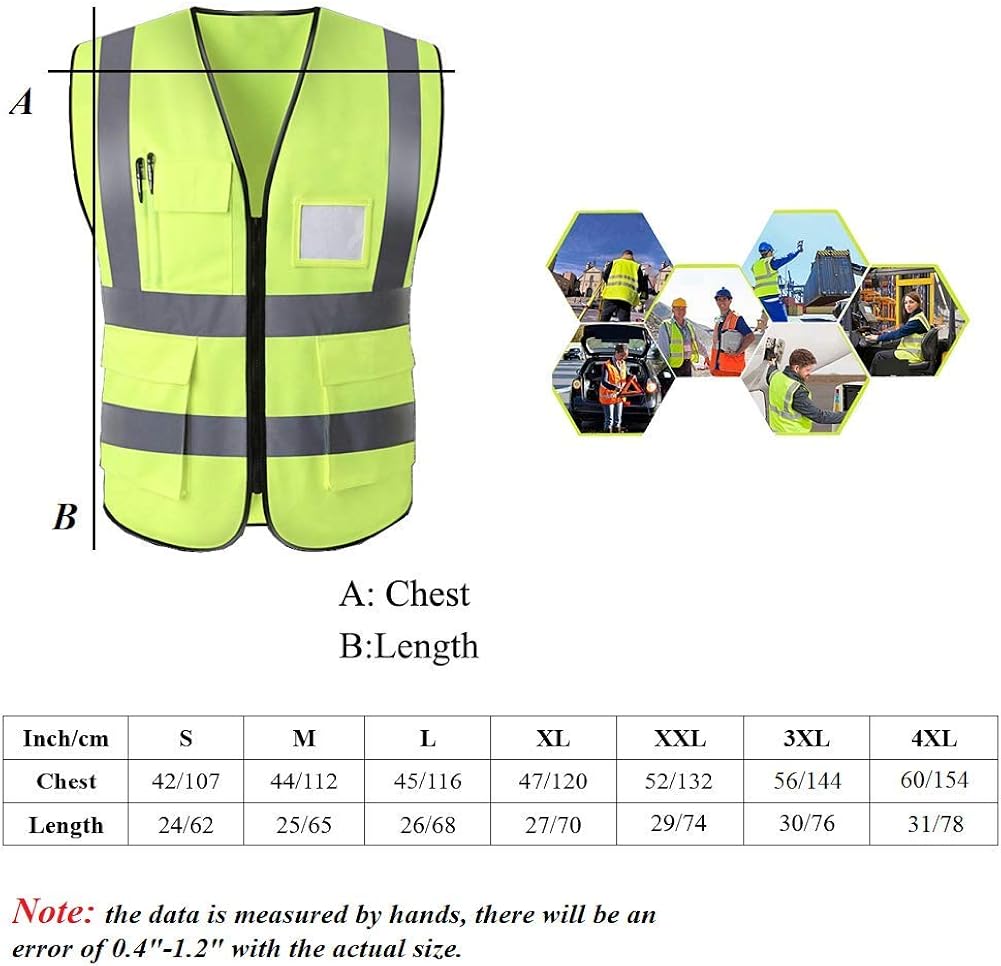 HYCOPROT High Visibility Reflective Safety Vest with Pockets and Zipper Front, Neon Yellow, Meets ANSI/ISEA Standards: Clothing