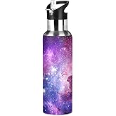 Moudou Purple Galaxy Water Bottle with Straw Lid Double Wall Vacuum Insulated Stainless Steel Sport Water Bottle 20 oz