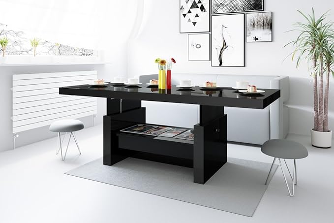 Design Couchtisch Aversa H-111 Schwarz Hochglanz Schublade höhenverstellbar ausziehbar