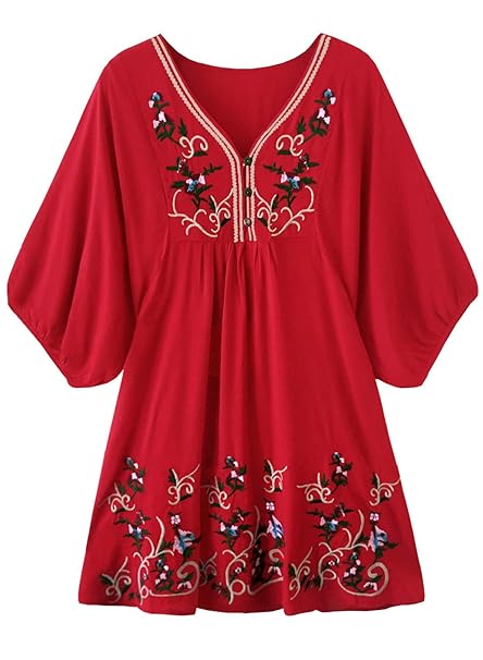 Doballa Damen Boho Tunika Hippie Kleid Gestickt Blumen Mexikanische Bluse