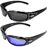 Global Vision Marilyn Women's Ladies Padded Motorcycle Sunglasses Bling Black Studded Frames G-Tech Blue Mirror & Smoke Lenses