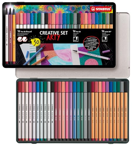 STABILO - Premium-Filzstift mit Pinselspitze, Premium-Filzstift & Fineliner - je 10x Pen 68 brush, Pen 68 & point 88 - ARTY - 30er Metalletui