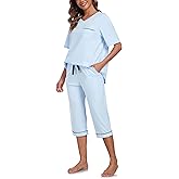 ANLIQI Women's 100% Cotton Pajama Sets Pjs Sleepwear for Women 2 piece Short Sleeve with Capri Pants Soft & Comfy Lounge Set