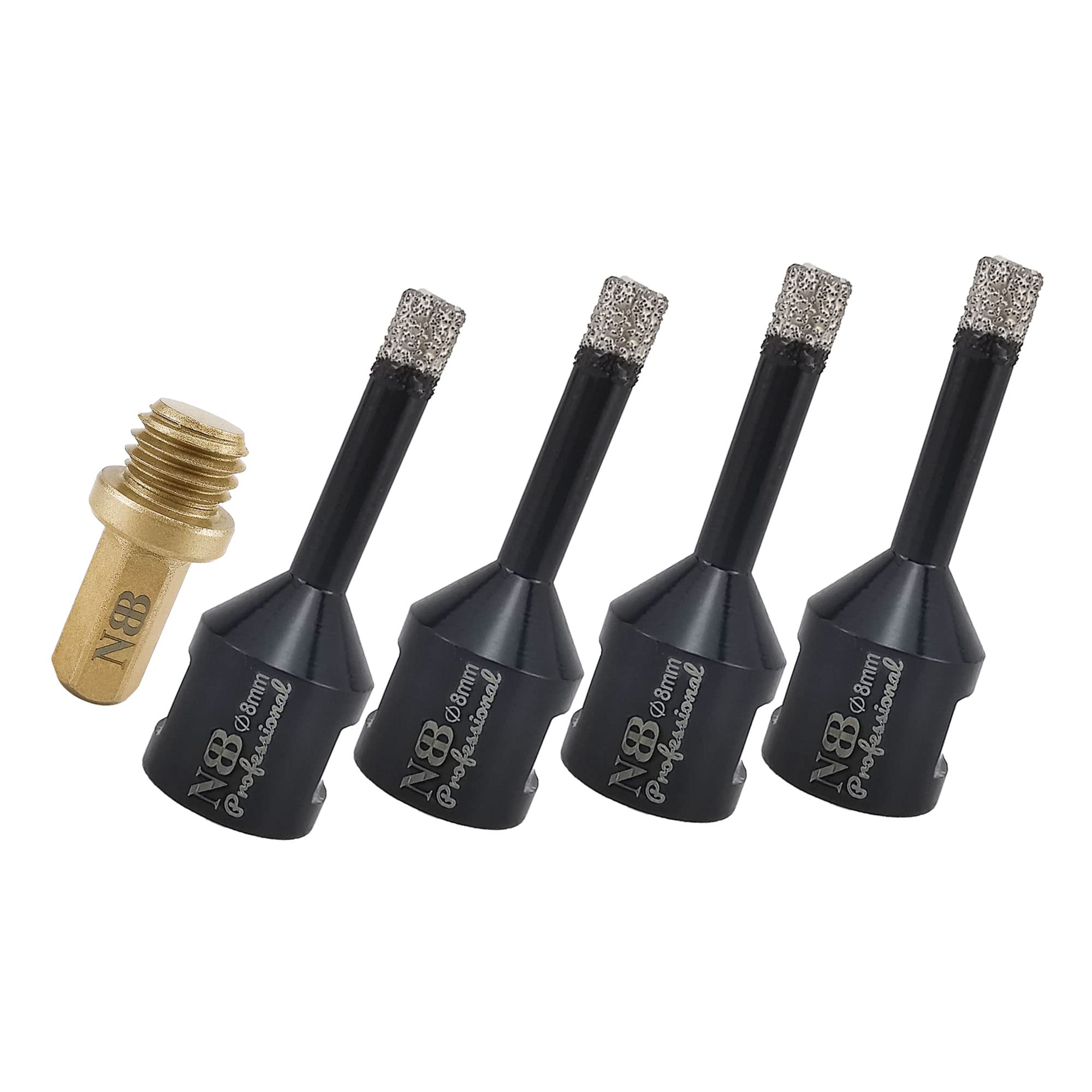 NBB Vacuum brazed Diamond Hole Saw with M14, for Dry or Wet Drilling Professionally on Hard Porcelain, Ceramic, Tile, Granite, Marble, Fast, Durable, for Angle Grinder (8mm x4pcs + 1pc Adaptor) — image 1