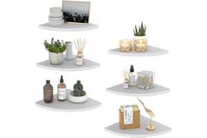 HORLIMER Floating Corner Shelf Wall Mount, Set of 6 Rustic Wood Corner Wall Shelves for Bedroom, Living Room, Bathroom, Kitchen (White)