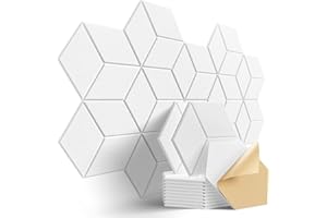 Dailycooper 12 Pack Self-adhesive Acoustic Panels 12" X 10" X 0.4" - Sound Proof Foam Panels with High Density, Stylish Y-Lined Design, Flame Resistant, Absorb Noise and Eliminate Echoes(White)
