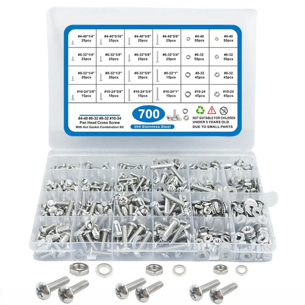 700PCS Round Head Screws Nuts Flat Washers Assortment Kit, #4-40, #6-32, #8-32 and #10-24 Cross Pan Head Machine Screws and Hex Bolts and Nuts Sets for Industrial Electronic