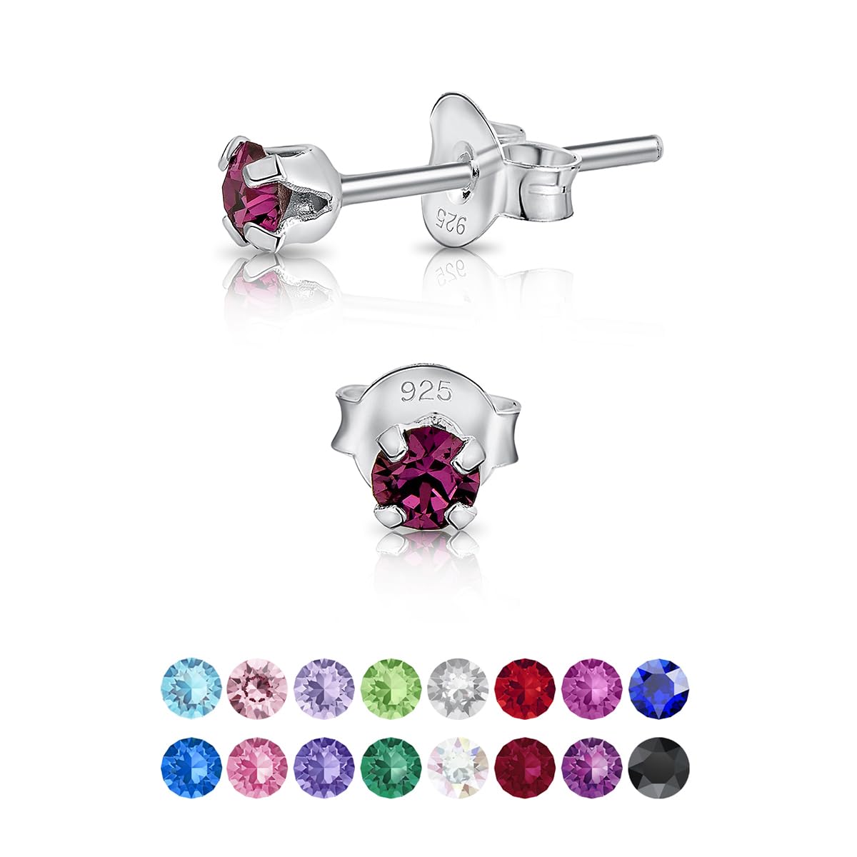 925 Sterling Silver Round Tiny Stud Earrings made with Glittering Crystals - Small Silver Studs Earrings for Woman - Diameter: 3 mm - Colour : Purple Amethyst