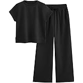 PRETTYGARDEN 2 Piece Outfits For Women Casual Tracksuit Short Sleeve Tops And Wide Leg Long Pants Matching Lounge Sets