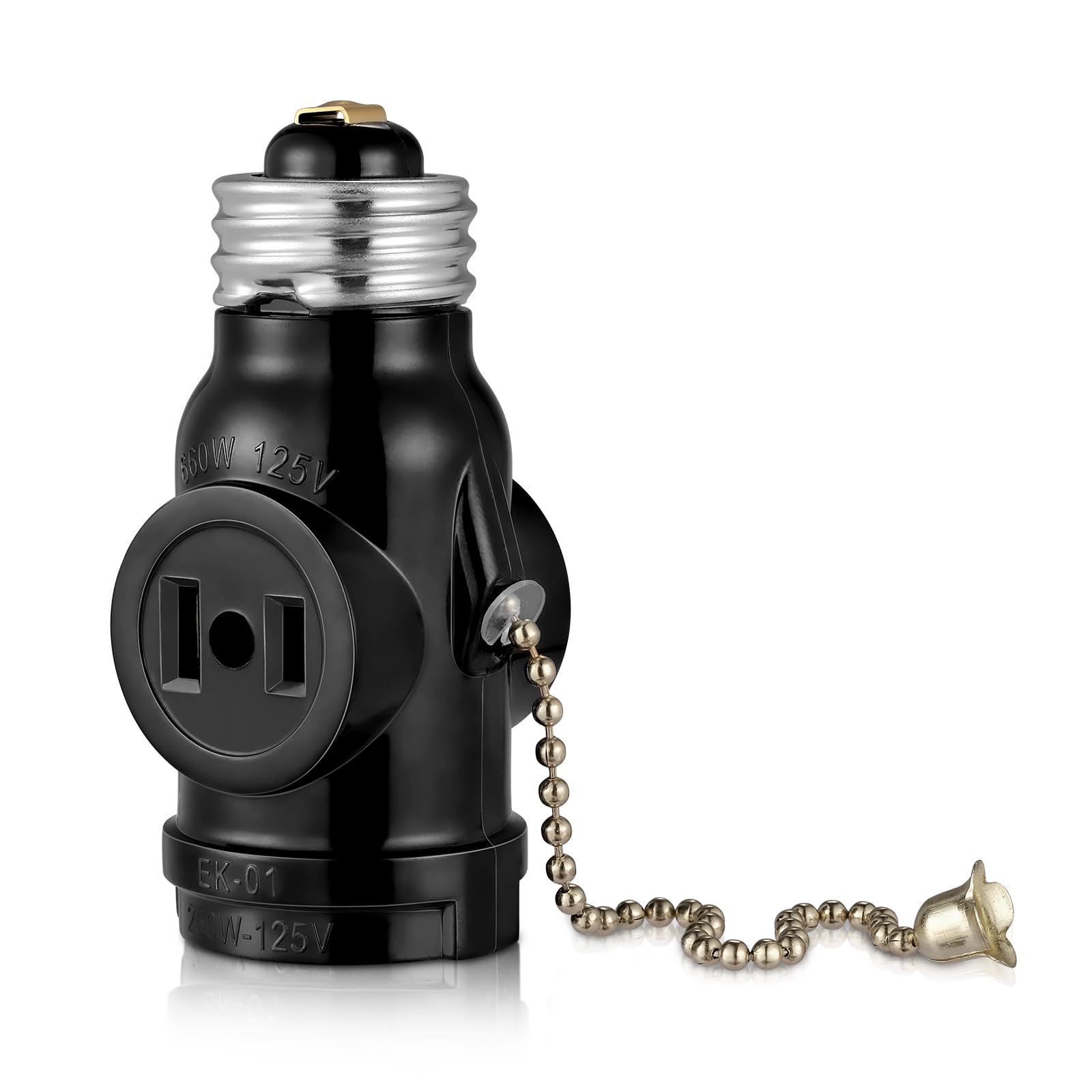 Photo 1 of 2 Outlet Light Socket Adapter,E26 Bulb Socket to Outlet Splitter,Converts Medium Screw Socket into a Socket with Two outlets,Polarized Outlet,with Pull Chain Switch. UL Listed, Black (1-Pack)