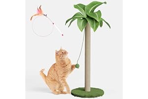 Lesnox Cat Scratching Post for Indoor Cats and Kitten, 33.5" H Sisal Rope Scratching Posts with Simulated Leaves, Kitten Scratcher with Soft Platform and Hanging Ball - 1 Cat Teasing Stick