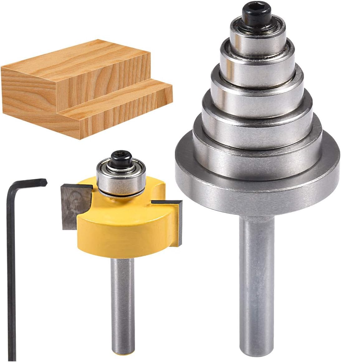 HOHXEN 1/4 '' Rabbet Router Bit with 6 Adjustable Bearings Set, Cemented Carbide Groove Cutter for Woodworking,Electric Wood Routers,Engraving Machines and DIY Tool