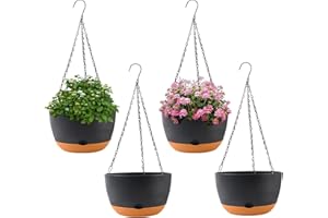 KPUVX 4 Pack Plastic Hanging pots for Plants Indoor,8 Inch Plant Pot Indoor Outdoor Hanging Baskets,Hanging Flower Pots with Drainage Holes and Chain for Garden Porch Plants(Black)