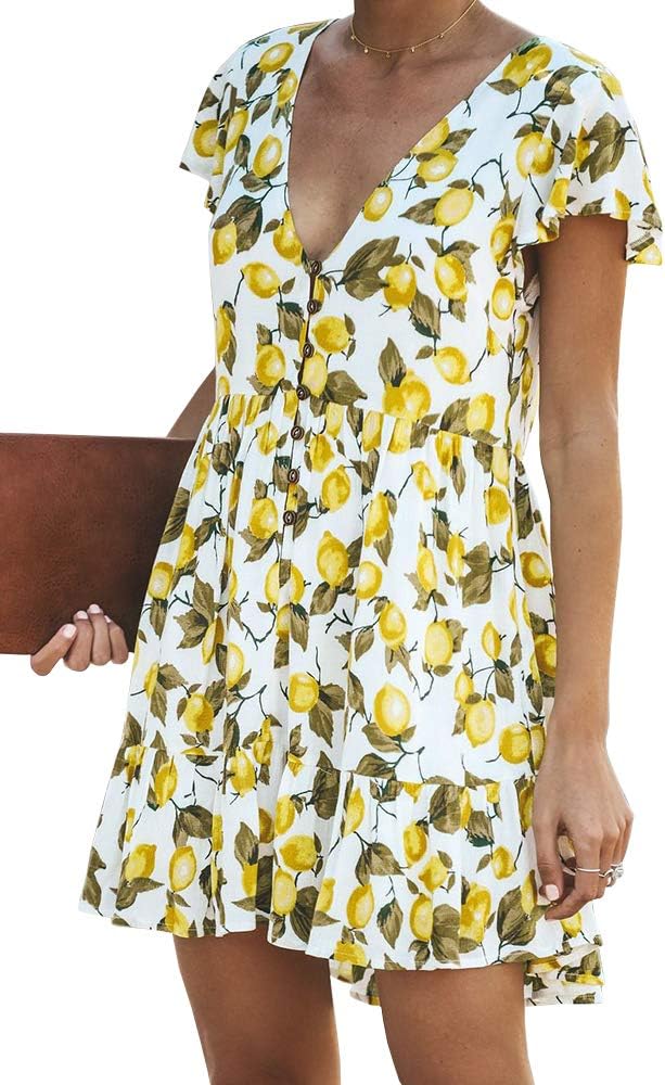GAMISOTE Womens Floral Print Mini Dress V Neck Short Sleeve Boho Swing Dresses