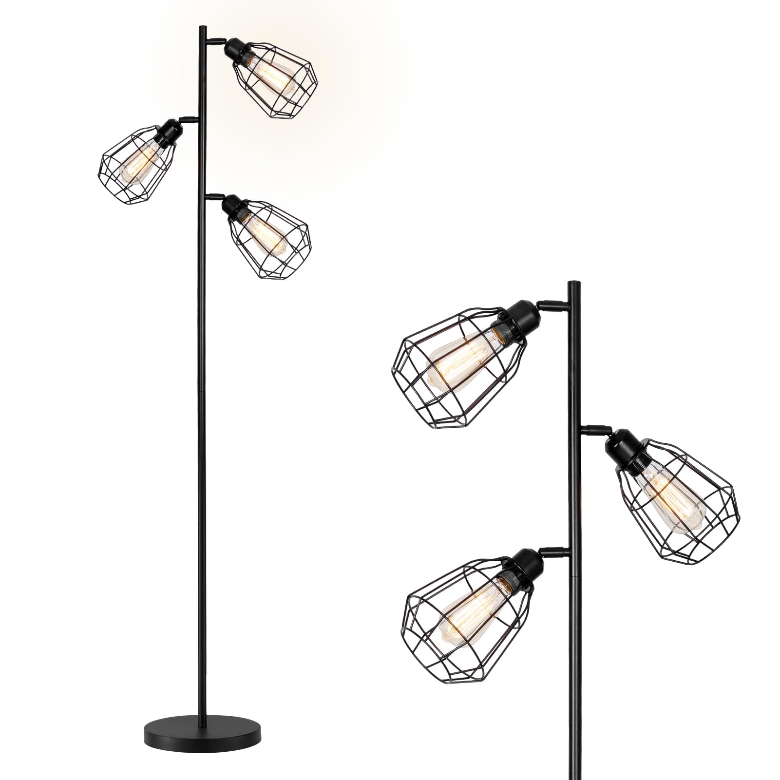 HARPER LIVING Floor Lamp, Standing Lamp with Caged Lampshade Black, Industrial Metal Floor Standing Light, Free Tall Floor Lamp for Living Room, Bedroom, Office, 3xE27 Bulbs (Not Included)