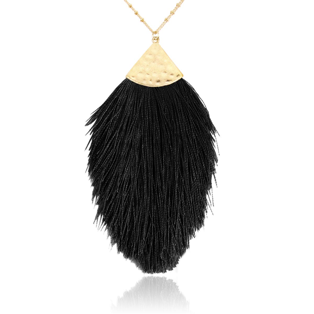 RIAH FASHION Antique Bohemian Silky Thread Fan Tassel Statement Necklace - Vintage Gold Feather Shape Strand Fringe Lightweight Long Chain, Metal, not known
