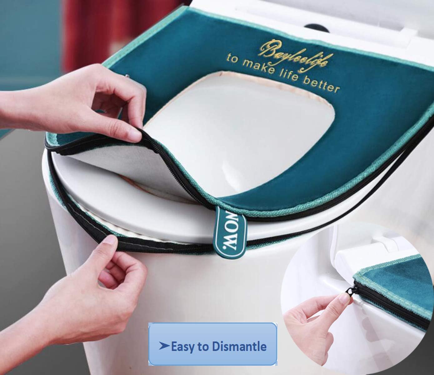 XPOOS Universal Toilet Seat Cushion,Toilet Seat Cover Set,Zipper Waterproof Toilet Seat Cover Pads,Antibacterial Luxury Toilets Warm Toilet seat Mat,Washable (Blue) - Image 5
