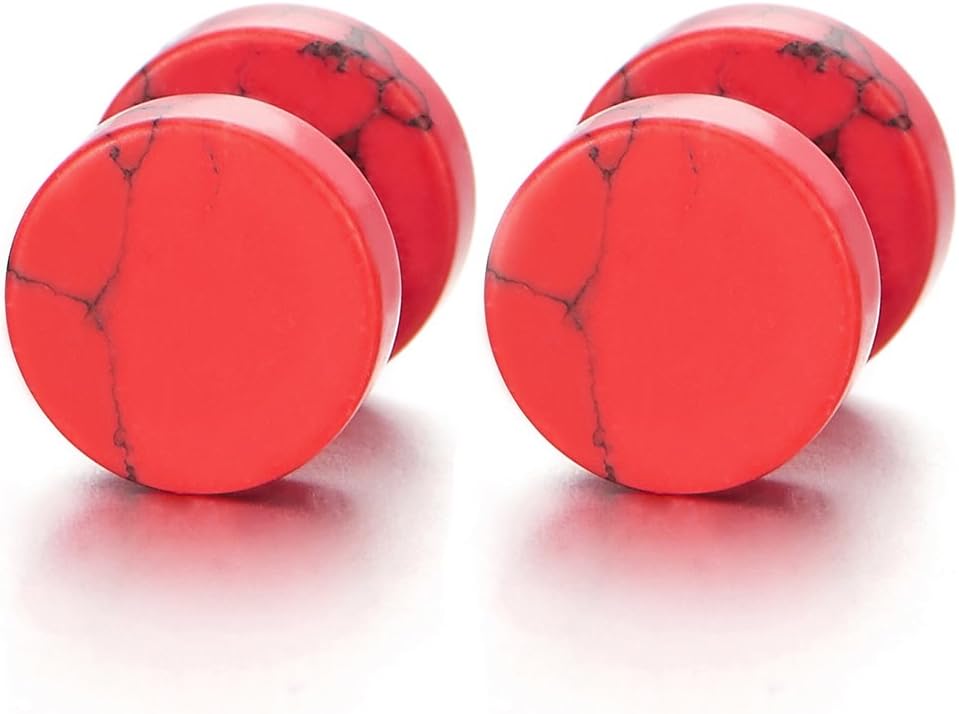 2pcs 10MM Marble Stud Earrings Men Women, Steel Cheater Fake Ear Plugs Gauges Illusion Tunnel