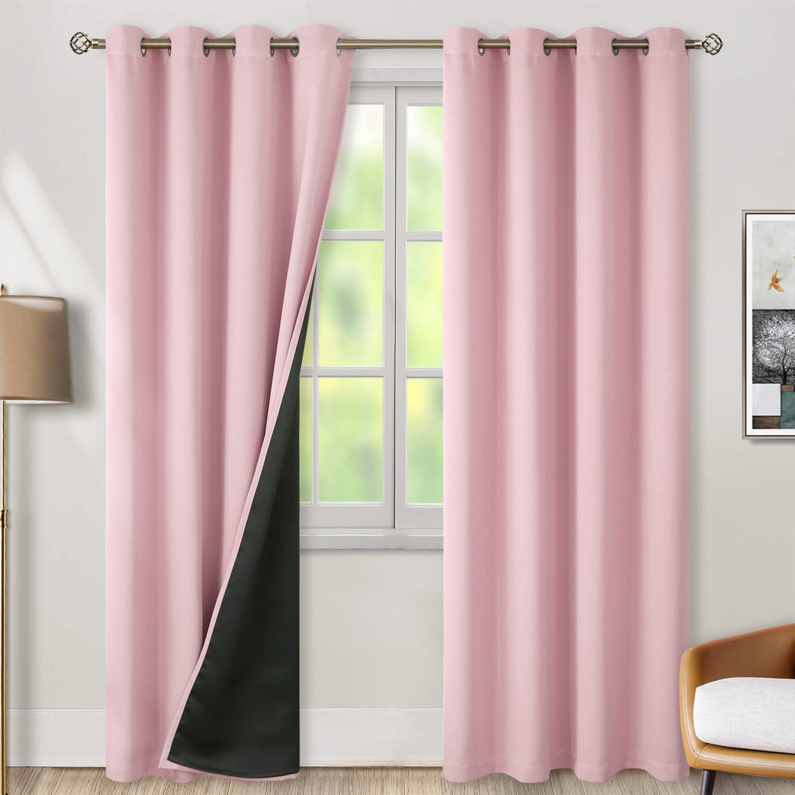 BGment Baby Pink 100% Blackout Curtains for Nursery Bedroom 90 Inch Length 2 Panels, Thermal Insulated Full Light Blocking Grommet Noise Cancelling Window Curtains for Girls Room, 52 Inch Wide Each Image