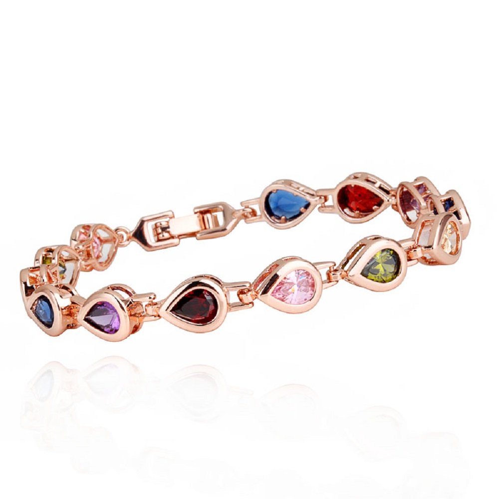Crystalline Azuria Women Girls 18ct Rose Gold Plated Teardrops Multi Colorful Zirconia Crystals Tennis Bracelet 6.69 inches