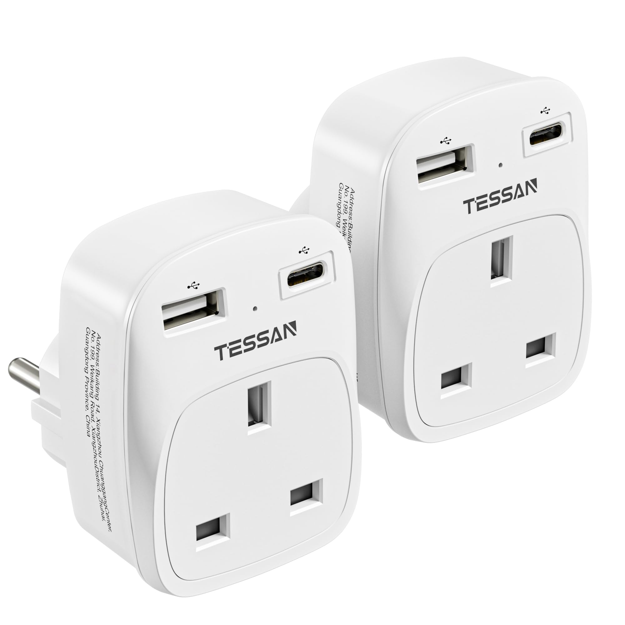 UK to European Plug Adapter 2 Pack, Schuko Grounded Euro EU Plug Adapter with 2 USB Ports (1 USB C), for Most of Europe Spain Germany France Iceland Poland Russia and More (Type E F) White
