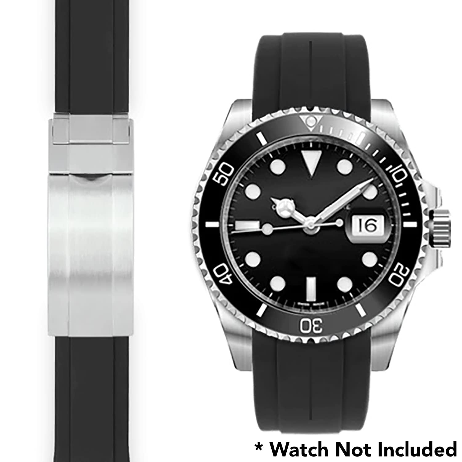 Bandini 20mm Curved End Rubber Watch Band for Rolex Submariner, Daytona, Ghost, Yachtmaster & More, Curved Rubber Watch Strap, Waterproof, With Deployment Clasp or without Clasp