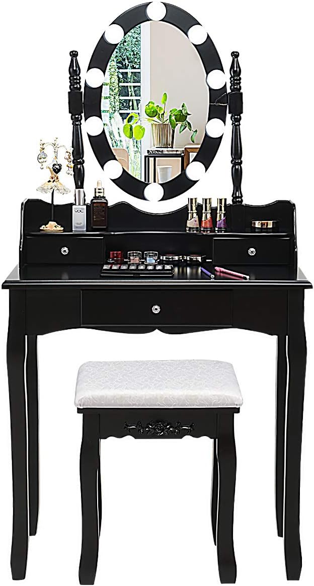 Toeletta Con Specchio E Luci LED - 3 Cassetti, Sgabello, Luminosità Regolabile, 100x40x140 Cm - Foto 9