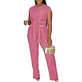 HBQ Women's Summer 2 Piece Outfits Lounge Sets Short Sleeve Belted Crop Tops Wide Leg Pant Sets Casual Tracksuit-Pink-M