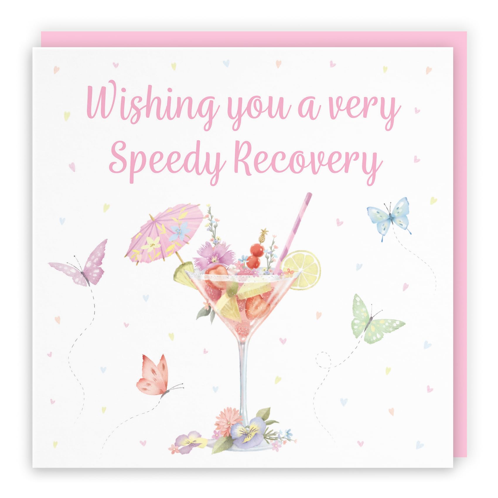 Hunts England - Pink Cocktail And Butterflies Wishing You A Speedy Recovery Card For Her - Milo's Gallery - Female Get Well Card - Feel Better Soon Card - For Women