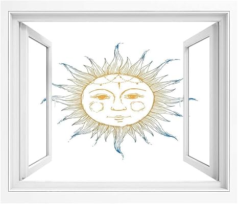 Amazon 太陽 Diyシール 偽窓ステッカー 絵画風 90x60 Cm 手の描かれた装飾的な星のシンボル顔部族アステカに触発されたイラスト装飾 壁紙 簡単壁紙シール 風景 景色ステッカアプリコットブルーホワイト ウォールステッカー オンライン通販