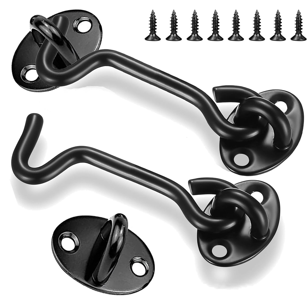 Litensh 2PCS Barn Door Hook Lock, Gate Door Hook and Eye Latch, Cabin Hooks and Eye Latch Lock Window Brace Cabinet Latche for Door Windows Gates Black, 3 Inch