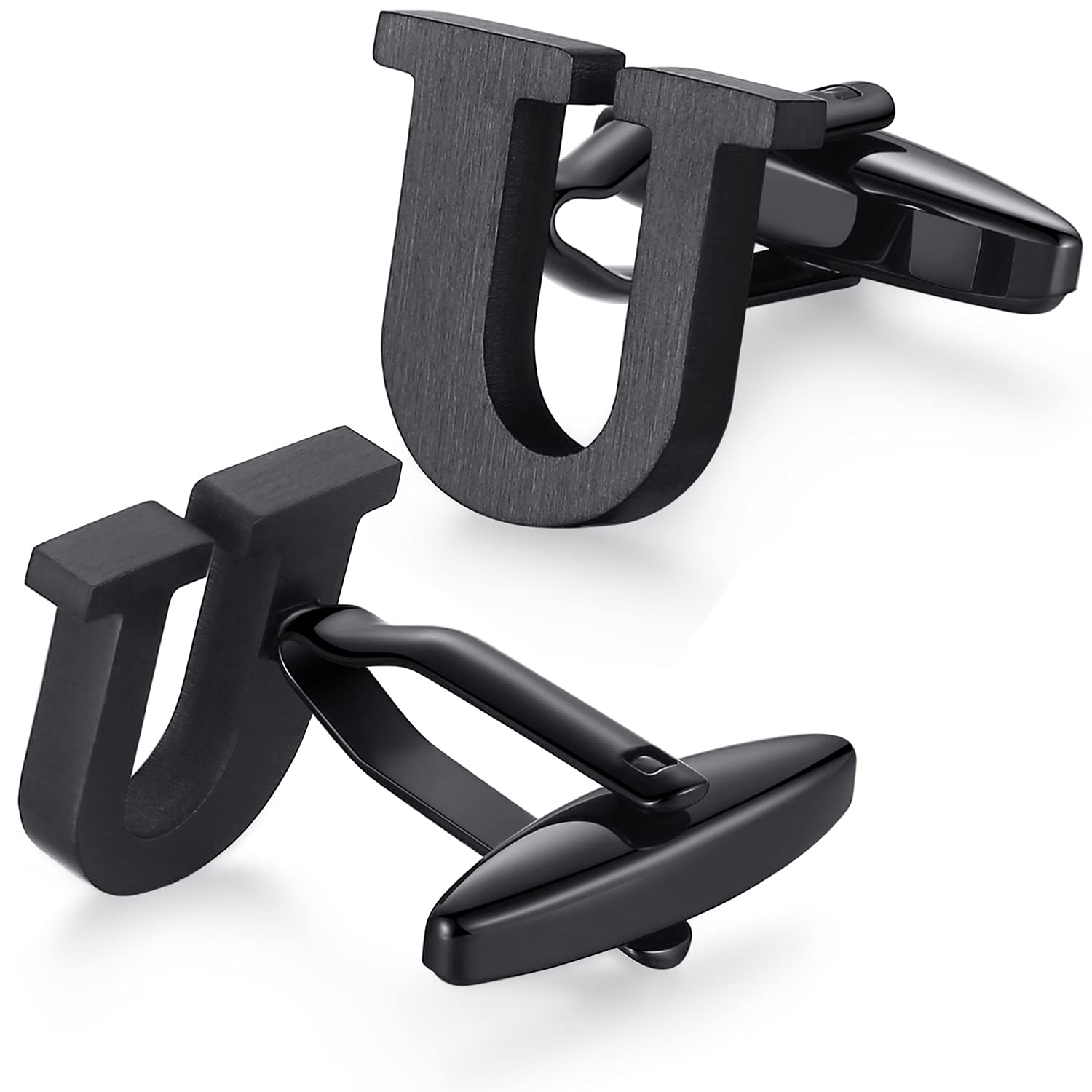 HONEY BEAR Mens Initial Alphabet Letter Cufflinks,Stainless Steel for Wedding Formal Business Gift (U-Black)