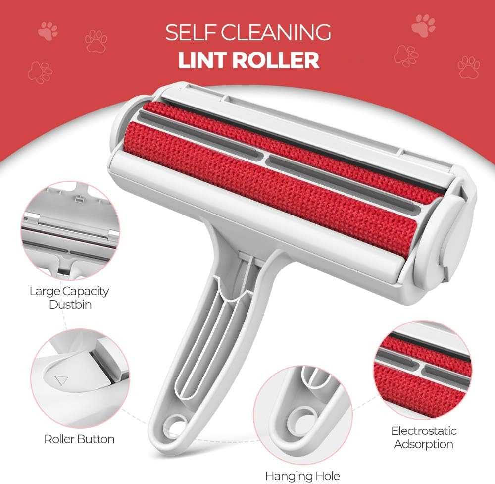 DELOMO Pet Hair Remover Roller - Dog & Cat Fur Remover with Self-Cleaning Base - Efficient Animal Hair Removal Tool - Perfect for Furniture, Couch, Carpet, Car Seat, Red