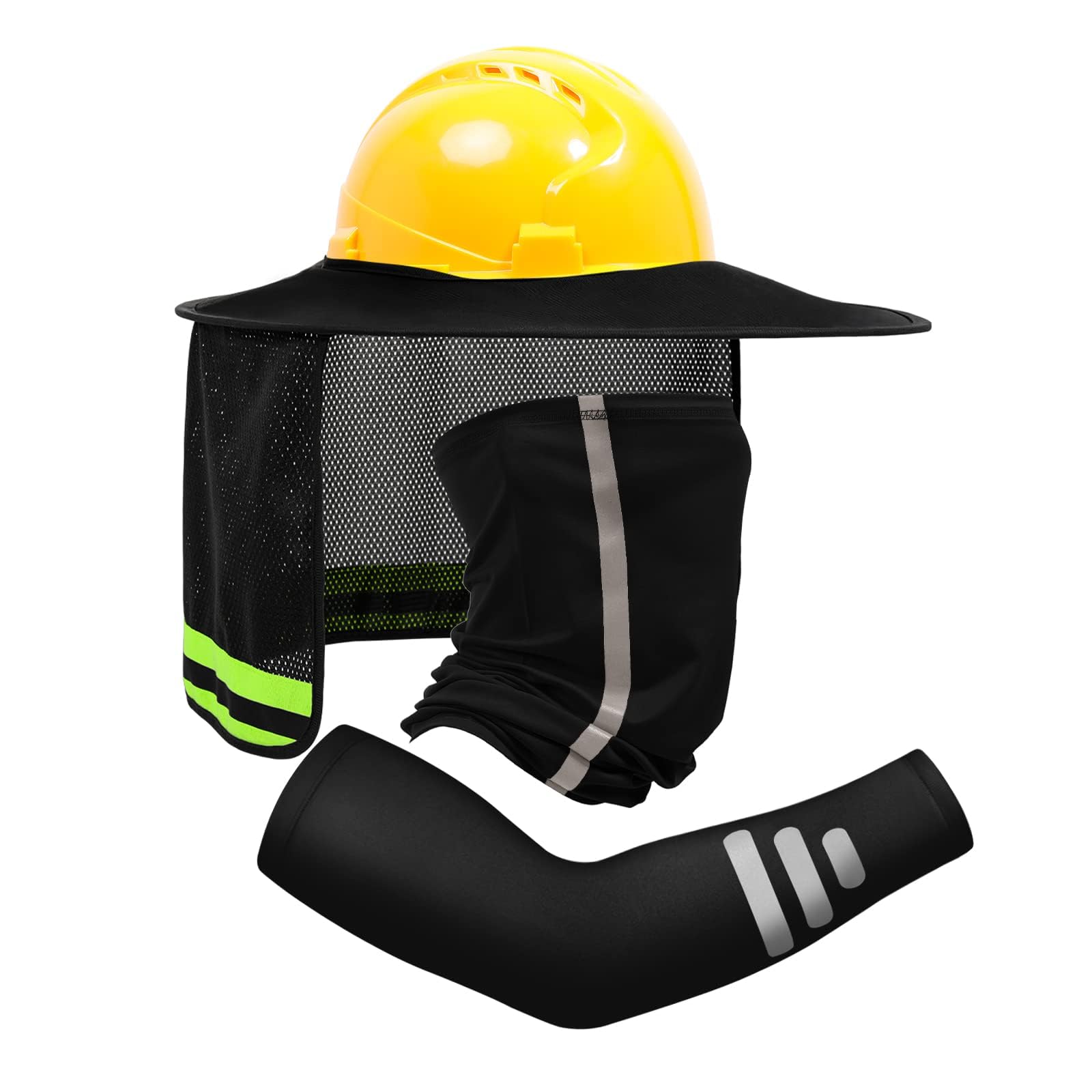 Photo 1 of TCCFCCT Hard Hat Sun Shade, Full Brim High Visibility Hard Hat Sun Visor Neck shield and Bandana Face Scarf with Construction Arm Sleeves, Hard Hat Accessories, Hard Hat Not Included, 3 Packs, Black