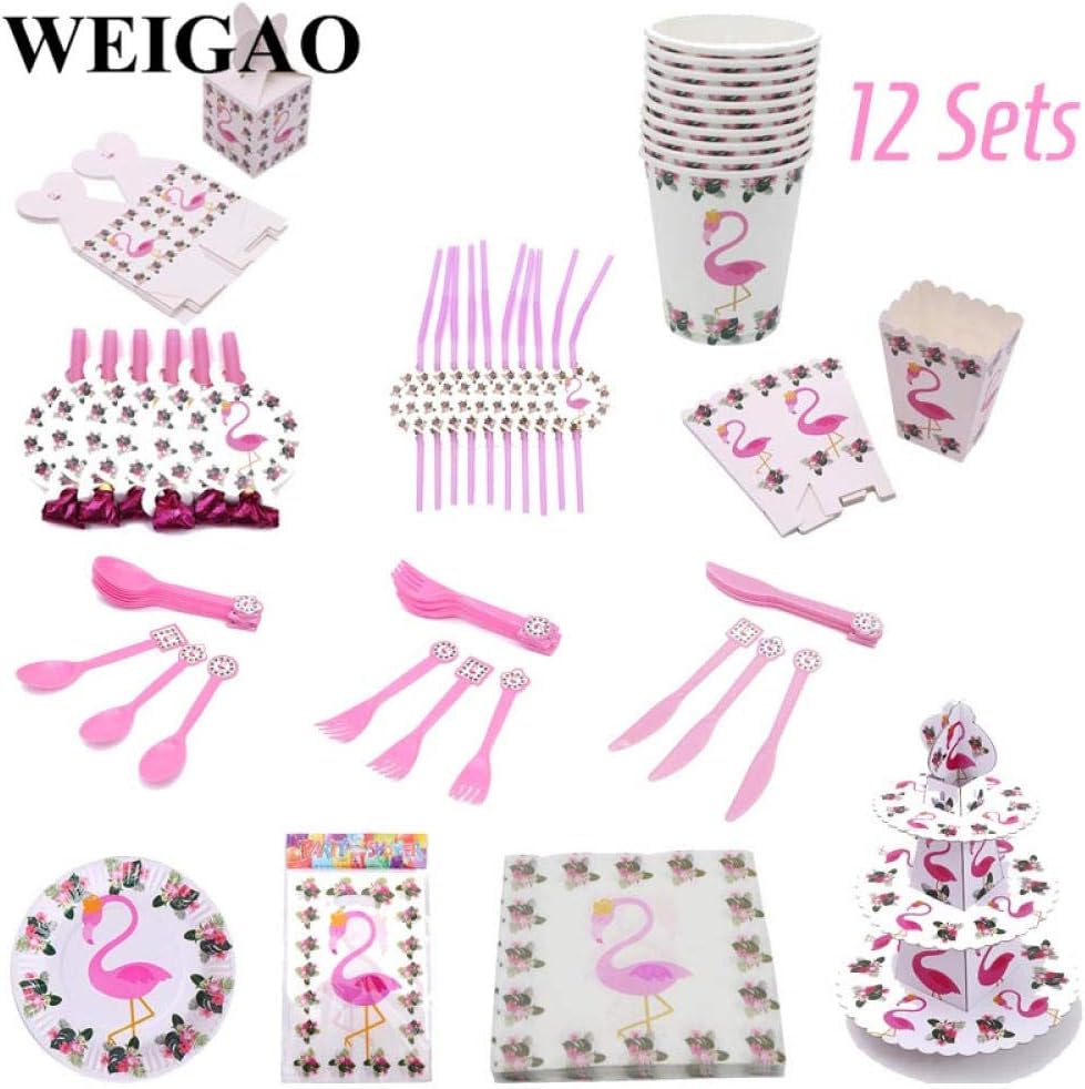 QUQUET Summer Flamingo Party Disposable Tableware Set Kids Happy Birthday Party Cup Hat Candy Box Paper Napkin Plate Baby Shower Decor@12_Whole_Sets
