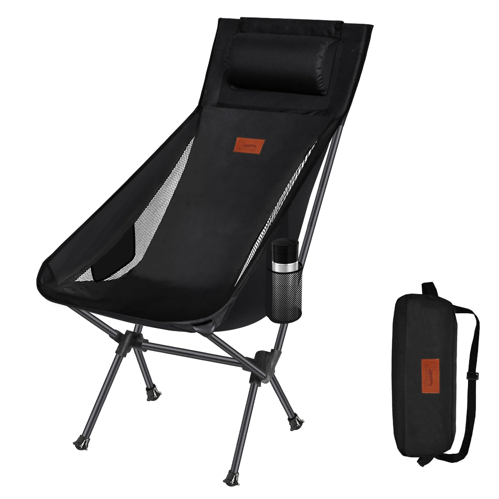 DesertFox アウトドアチェア 折りたたみ 枕付き 超軽量 【独自開発のカップホルダー】 【耐荷重150kg】 キャンプ椅子 コンパクト イス ハイバック 椅子 収納袋付属 お釣り 登山 携帯便利 0088 (ブラック,Large)商品画像