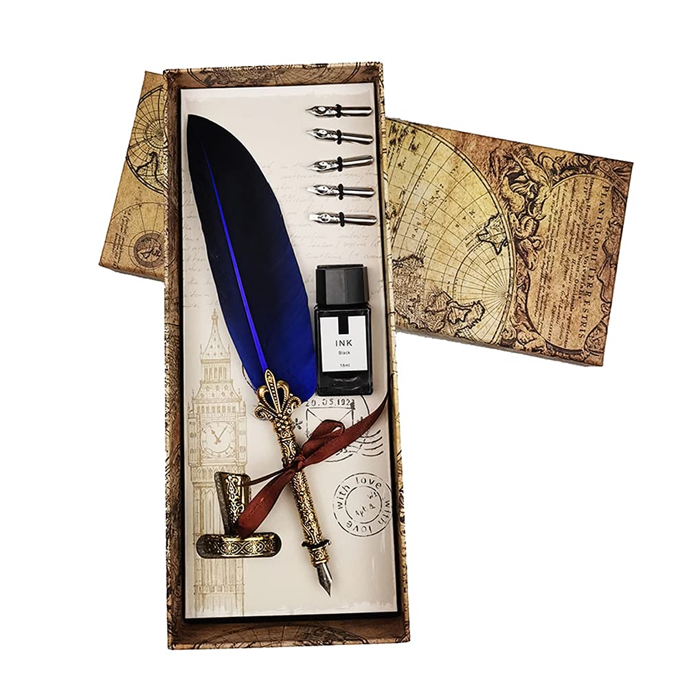 AOMAYLL Retro Feather Pen Set, Quill Pen Set Antique Calligraphy, 5 Replacement Nibs and Ink Set for Writing Letters,Diary, Signing, Gift Etc(blue)