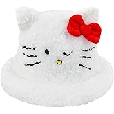 Hello Kitty Bucket Hat, Fuzzy Faux Fur Wide Brim Sun Cap with 3D Ears and Red Bow, White, One Size