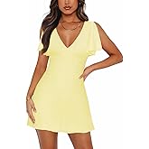 MIYIEONZ Women's Sexy Deep V-Neck Ruffle Sleeve Mini Dresses Summer Casual Bodycon Beach Cocktail Party Club Short Dress