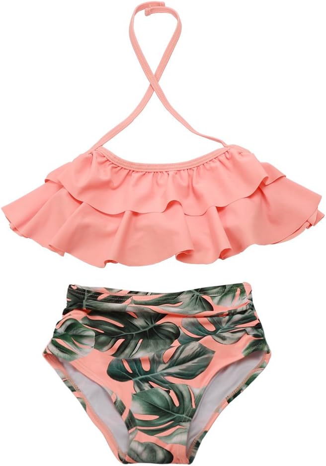 Girls Swimsuit Falbala High Waisted Bathing Suit Halter Neck Bikini Swimwear