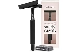 Kitsch Double Edge Safety Razors for Women and Men, with 5 Blade Refills, Extra Long Handle & Silicone Cap, Reusable Single Blade Razor for Shaving and Travel Essentials - Black