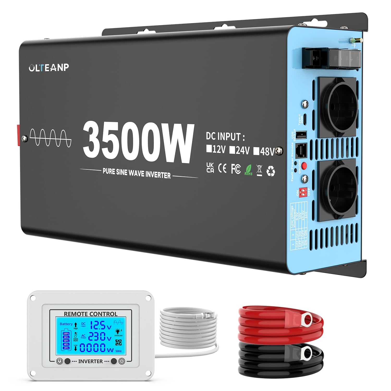 OLTEANP 3500W/7000W Wechselrichter 12V auf 230V Reiner Sinus Spannungswandler Power Inverter mit 2 AC Steckdosen,Type-C&USB Anschlüsse,LCD-Bildschirm-Fernbedienung,Für Wohnmobil Wohnwagen