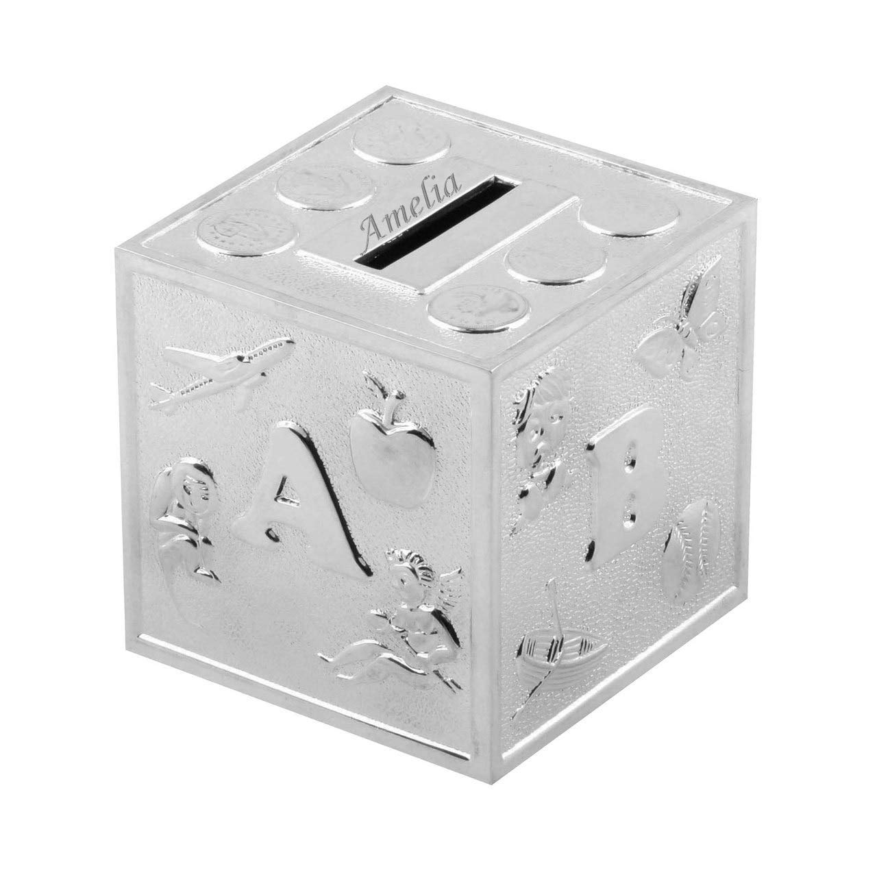 Juliana Christening Gifts. Silverplated ABCD Baby Cube Money Box, Metal, Silver, One Size